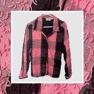 Vintage Keren Hart Pink and Black Textured Plaid Button-Up Top – Size XL